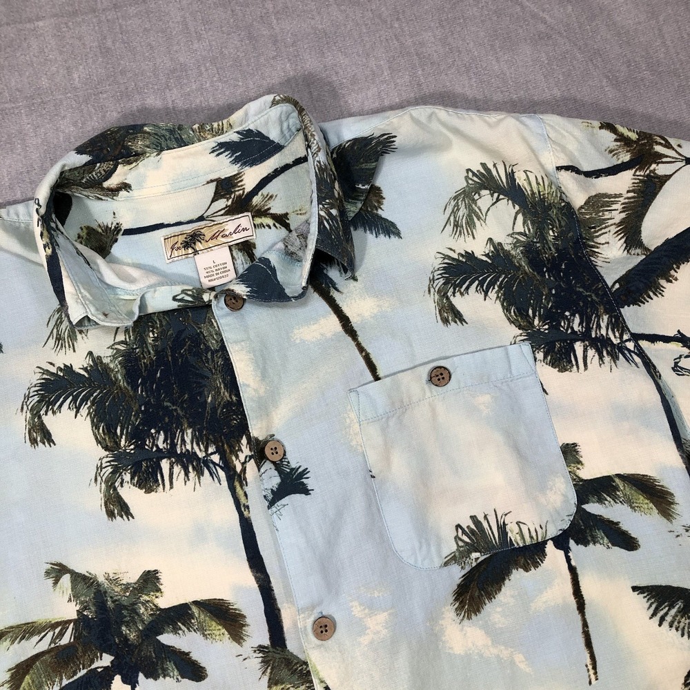 Joe Marlin Shirt Men's Large Blue Sky Palm Tree AOP Hawaiian Short Sleeve Pocket